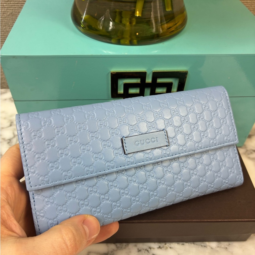 Gucci Micro Guccissima Light Blue GG Leather Multi Pocket Wallet NWOT Authentic - Picture 3 of 14